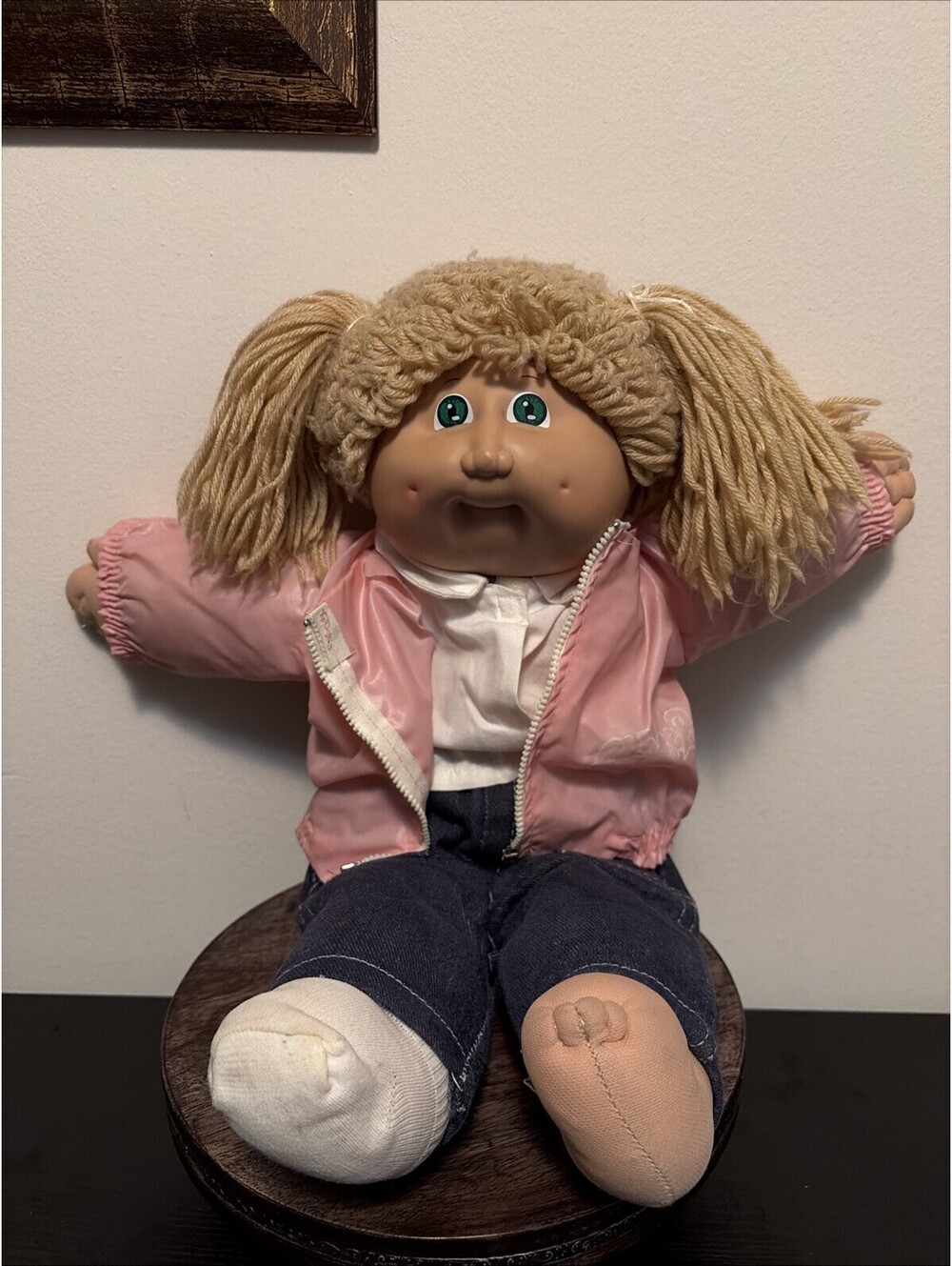 Vintage 1982 Cabbage Patch Doll Pigtails Green Eyes Pink Jacket Blue Jeans